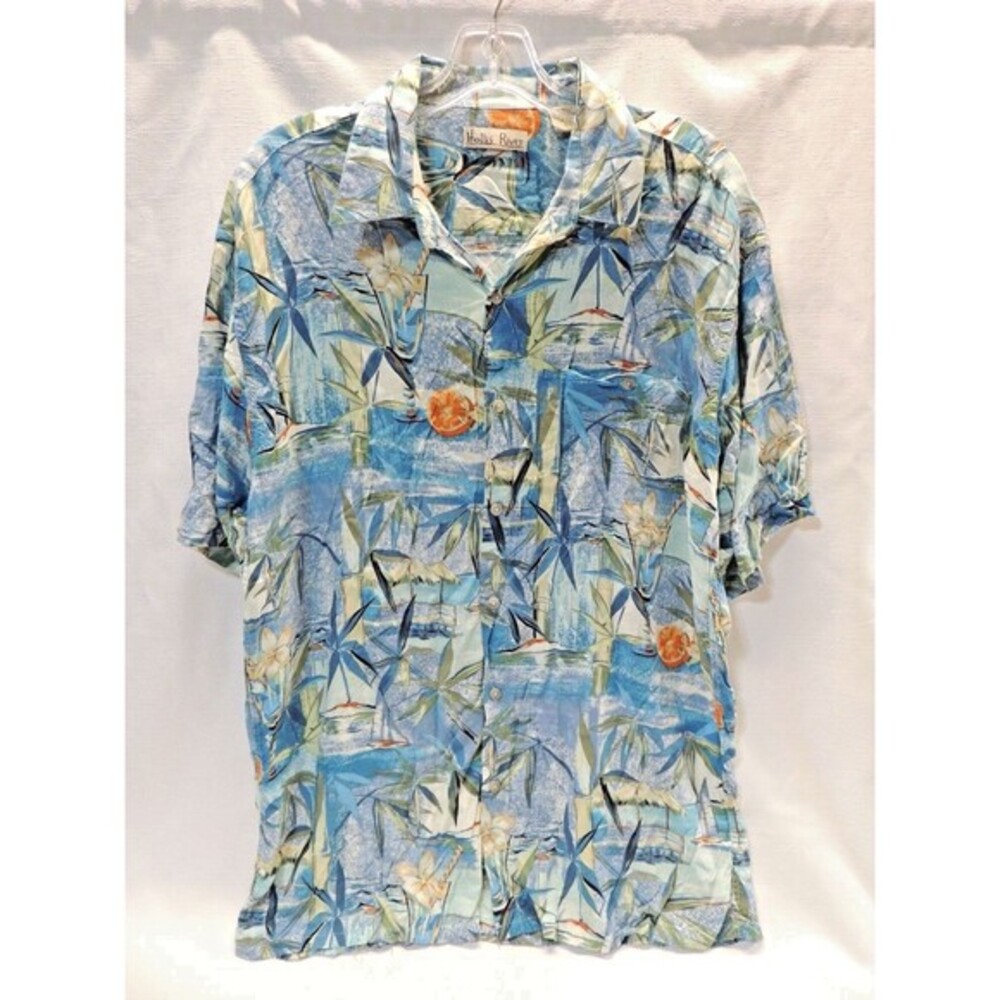 Hollis River Button Down Mens L Blue Tropical‎ Rayon Hawaiian Camp Shirt Beach
